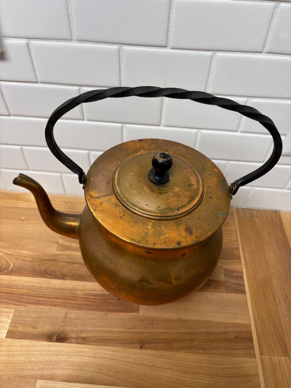 Copper Tea Kettle MCM Hammered Footed Wrought Iron Handle Vintage Unmarked