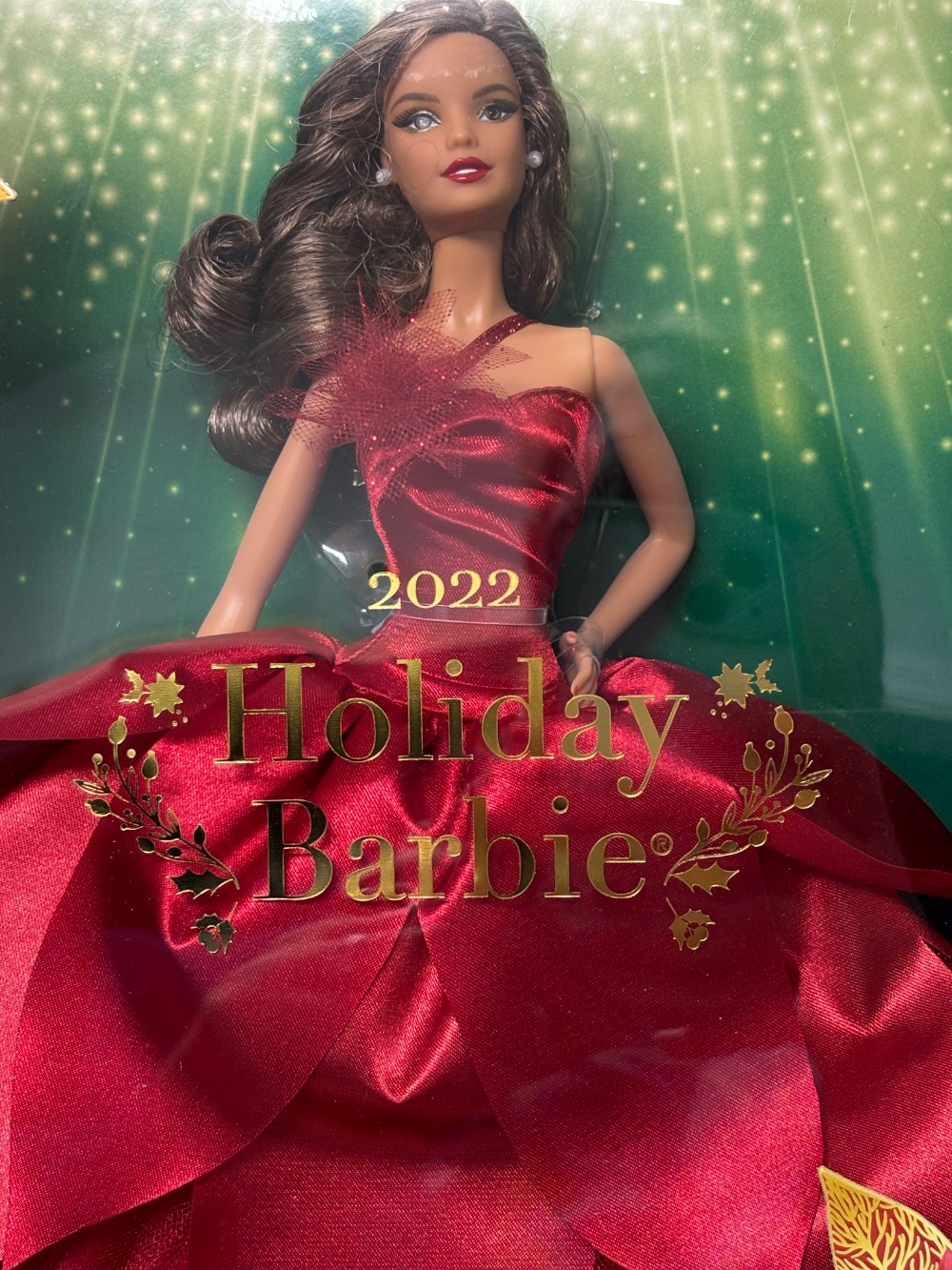 2022 Holiday Barbie Signature Brunette Red Poinsettia Gown Mattel HBY08 NIB