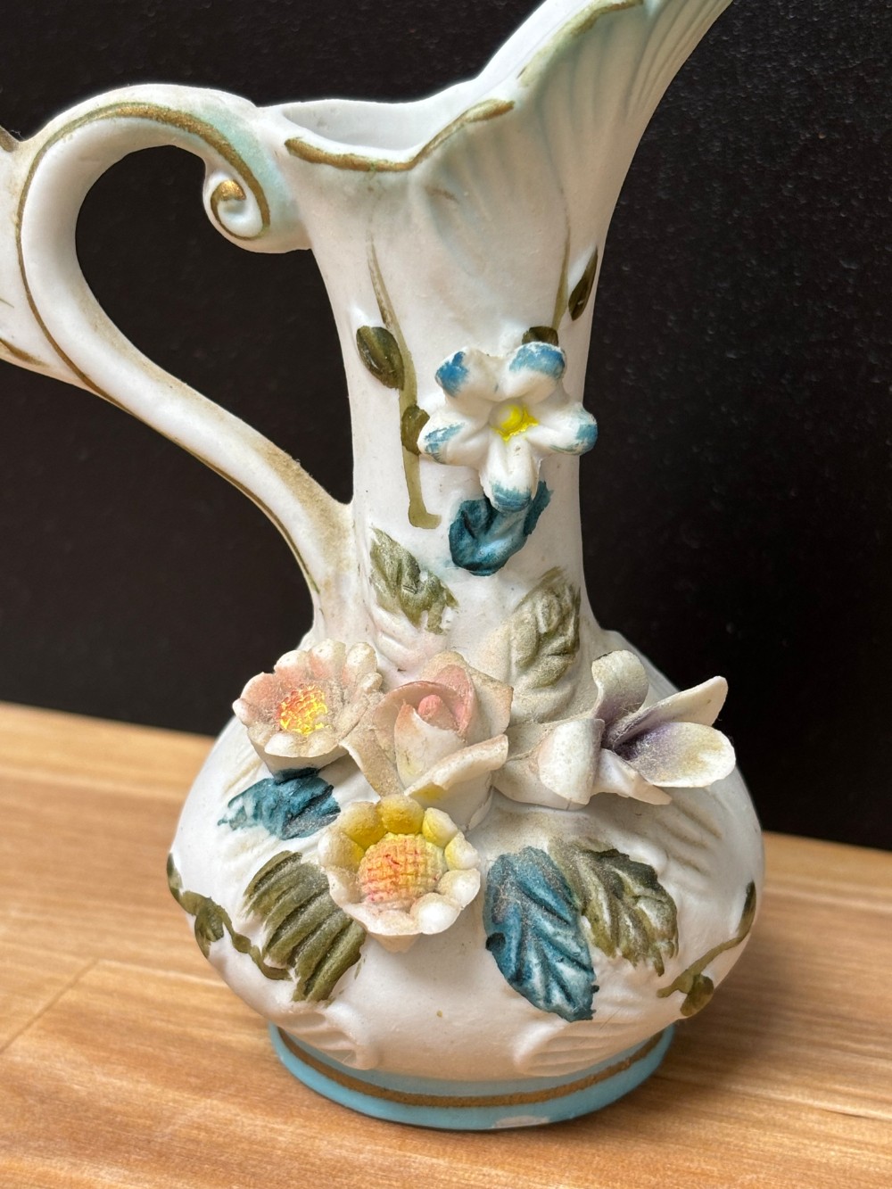 Vintage Ceramic Bisque Floral Ewer Pitcher Applied Flowers Gold Trim 4 Inch