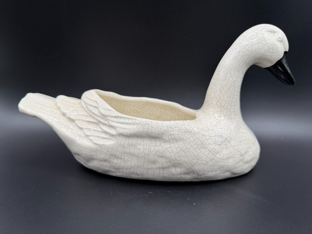 Vintage White Ceramic Swan Planter with Crackle Glaze - Mid-Century Cottagecore Bird Vase