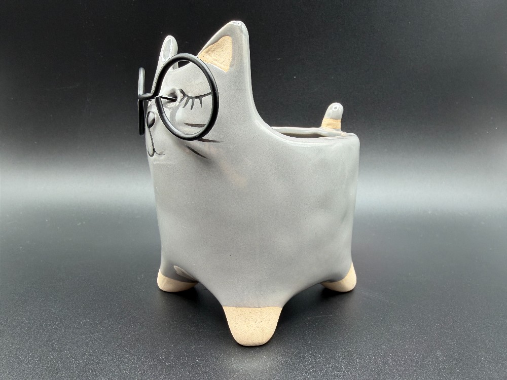 Modern Gray Ceramic Cat Planter with Metal Wire Glasses