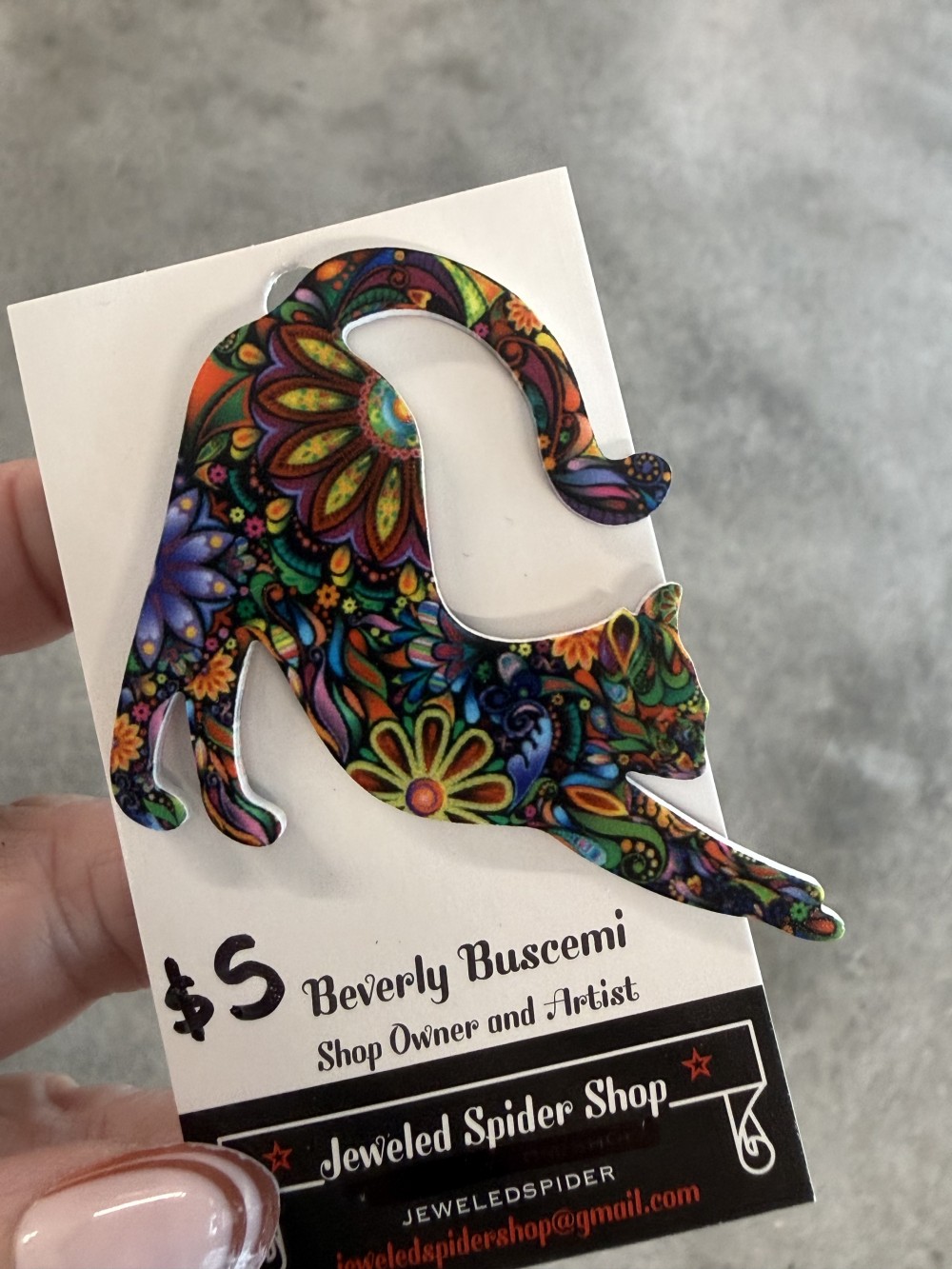 Brooch Pin - Cat Stretching in Acrylic Floral