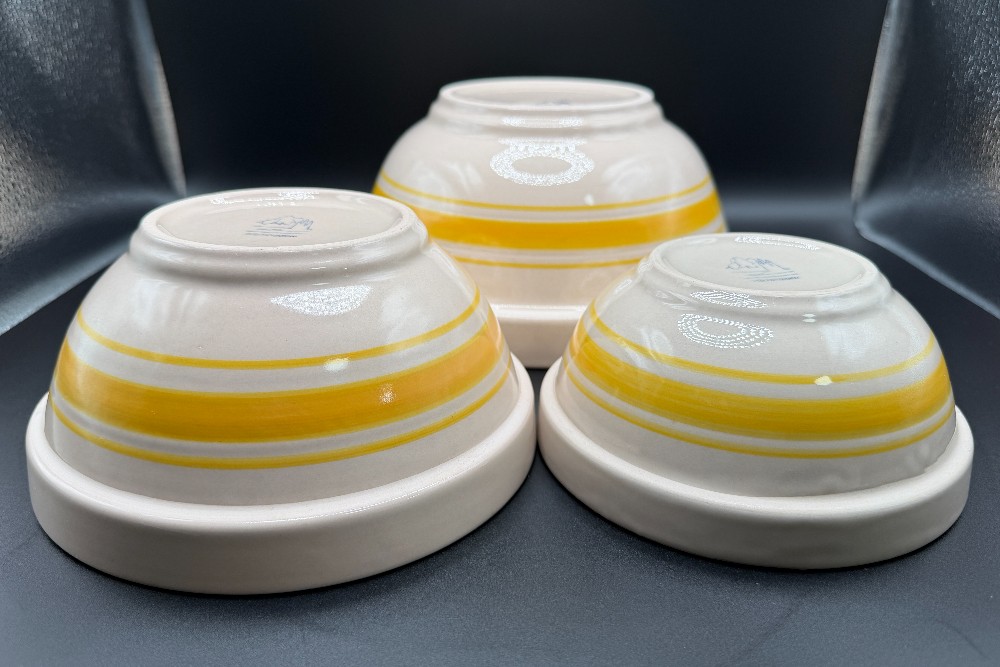 Vintage Old Mountain Heavy Stoneware Nesting Mixing Bowls - Yellow Stripe Set of 3
