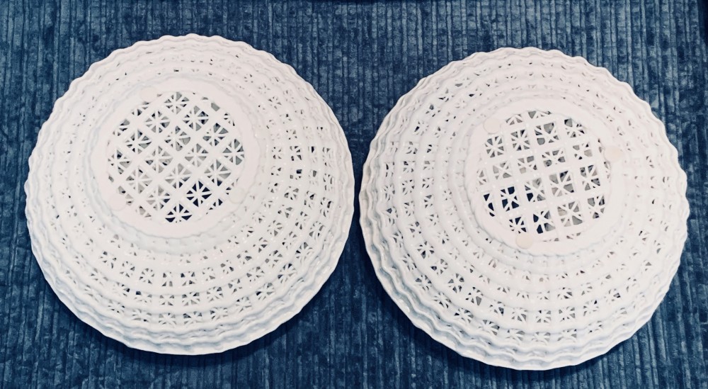 Vintage Diana Cyan Design Reticulated Porcelain  Vases / Bowls - Milk White Open Basket Weave Vases - set of 2 - see pics