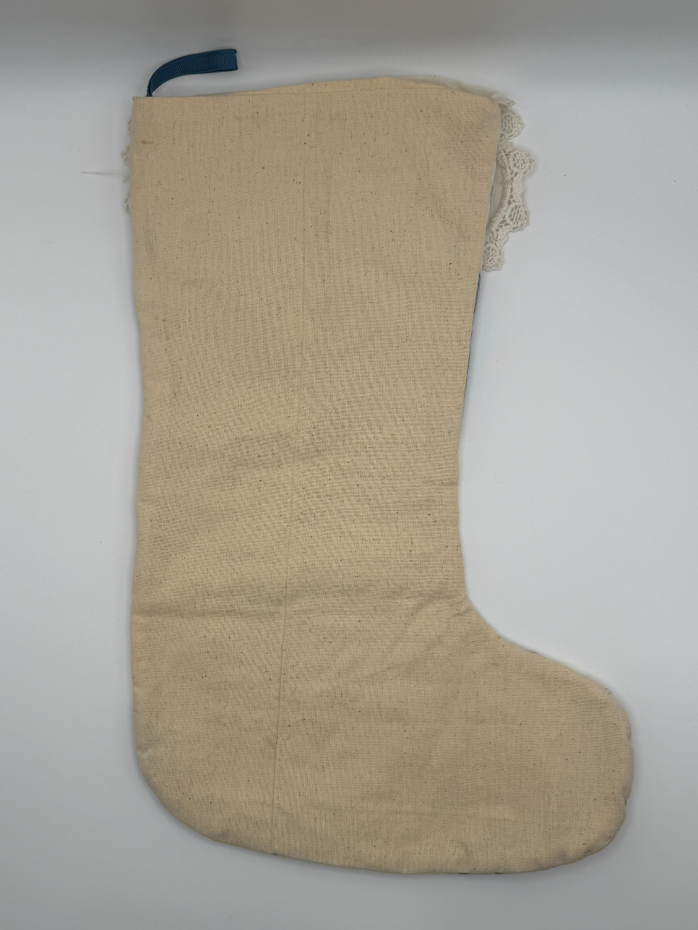 Handmade Vintage  Quilt Block Christmas Stocking – Embroidered Linen Collar & Lace Cuff