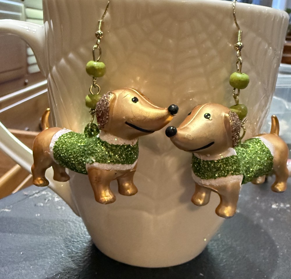 Earrings - Dachshund in Green Glittered Sweater, Doxie, Dog