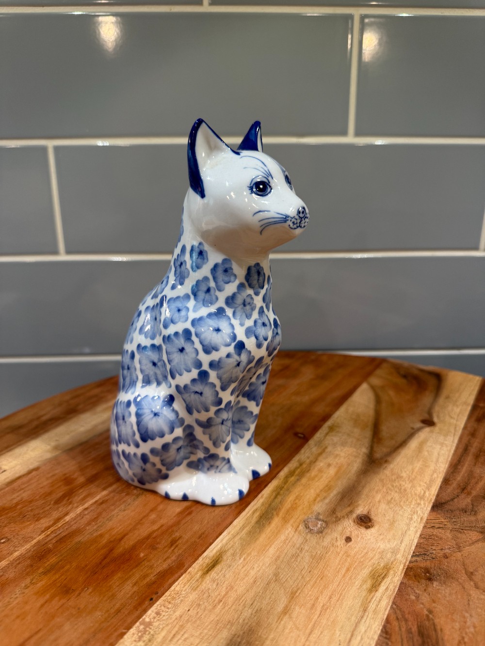Vintage Blue & White Floral Cat Figurine