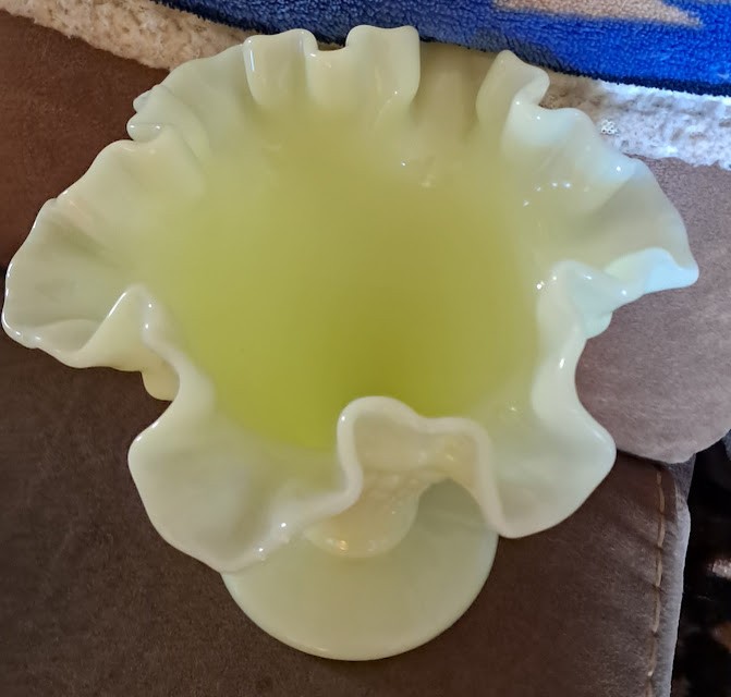 Fenton Custard Hobnail Ruffled Vase (Uranium)