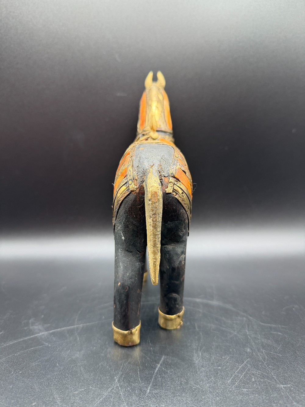 Vintage Indian Hand-Carved Wooden War Horse - Brass Armour & Bone Inlay Rajasthani Folk Art Sculpture