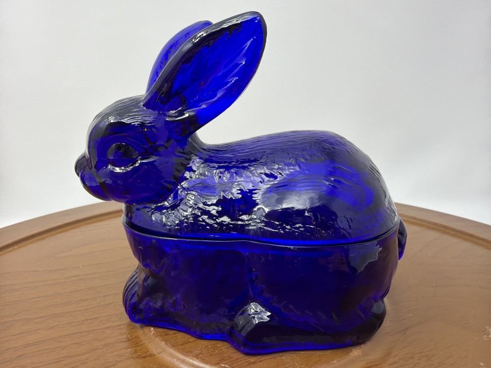 Cobalt Blue Bunny Covered Glass Dish