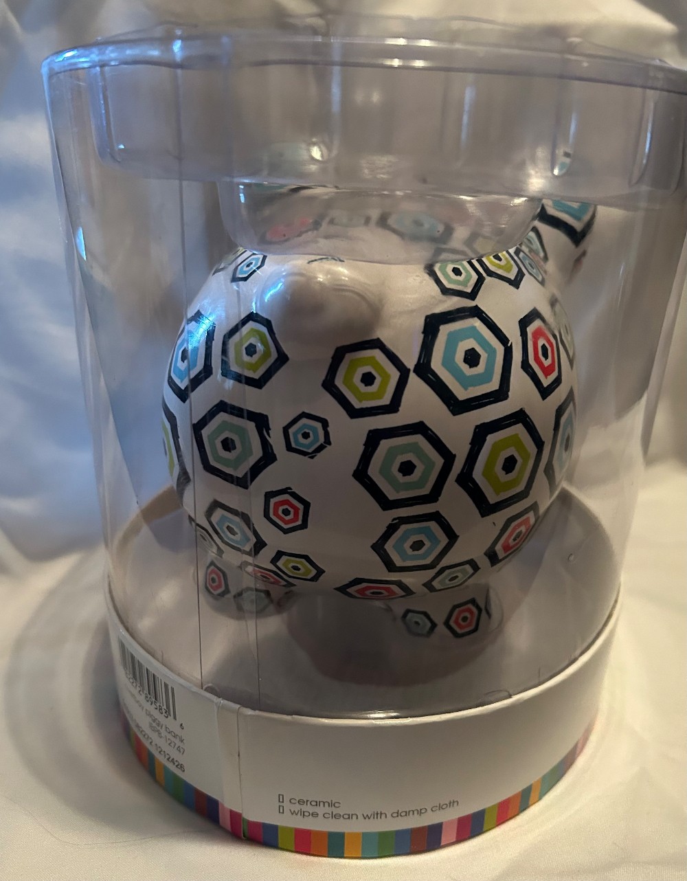 VTG Baby’s First Piggy Bank - C.R. Gibson - White Ceramic Geometric Hexagon pattern - Pig - Piggy Bank - NIB - See pics