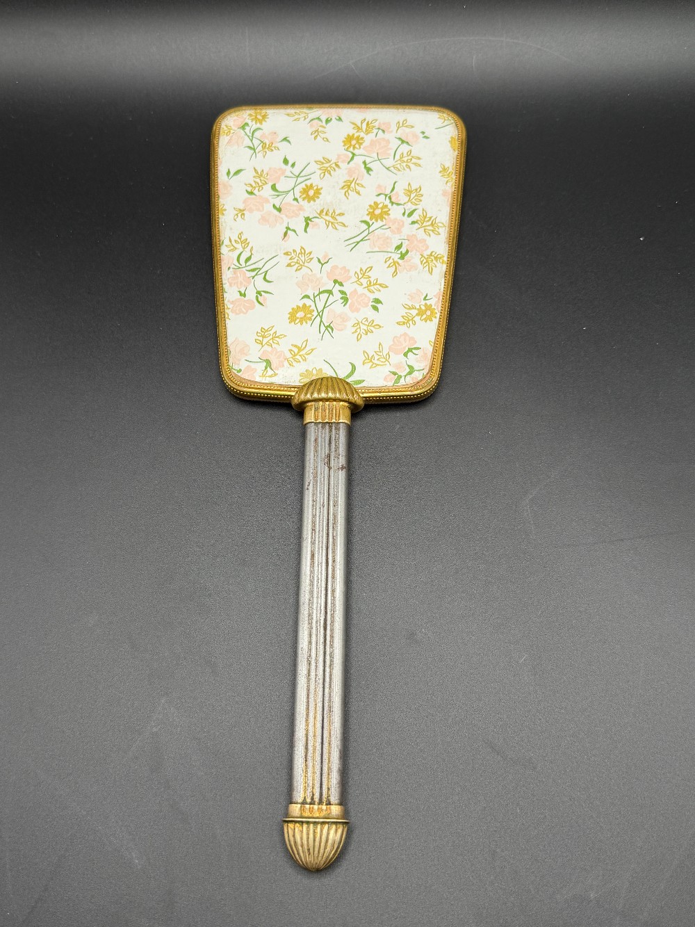 Vintage Hollywood Regency Floral Brocade Hand Mirror