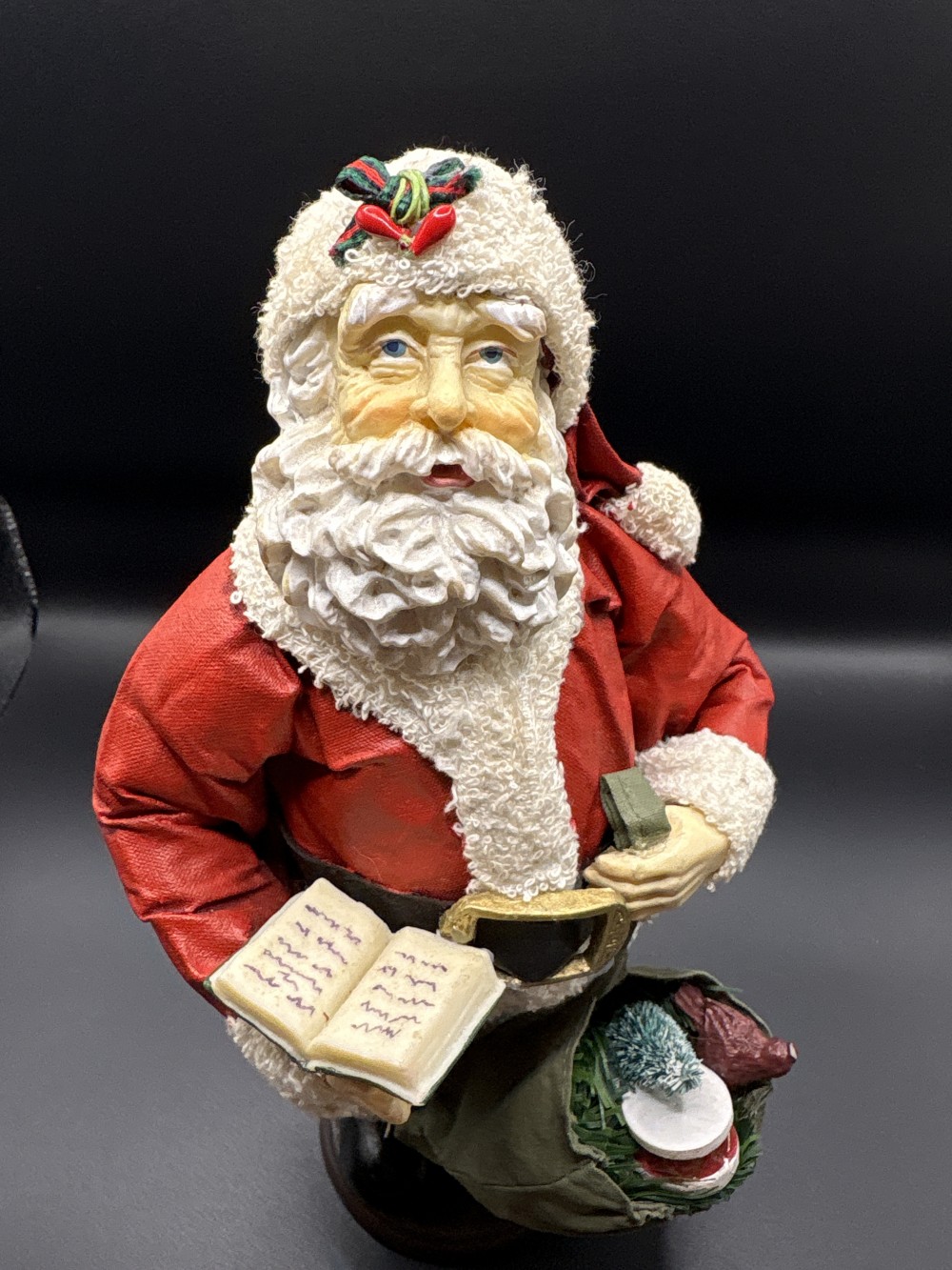 Santa With Green Sack Figurine Paper Mache and Ceramic ~10.5 in H