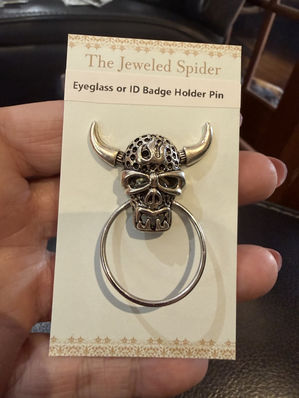 Eyeglass Holder Pin - Viking Skull in Silver