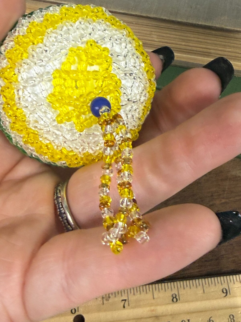 Beaded Ball Ornament Blue Green Yellow Seed Beads