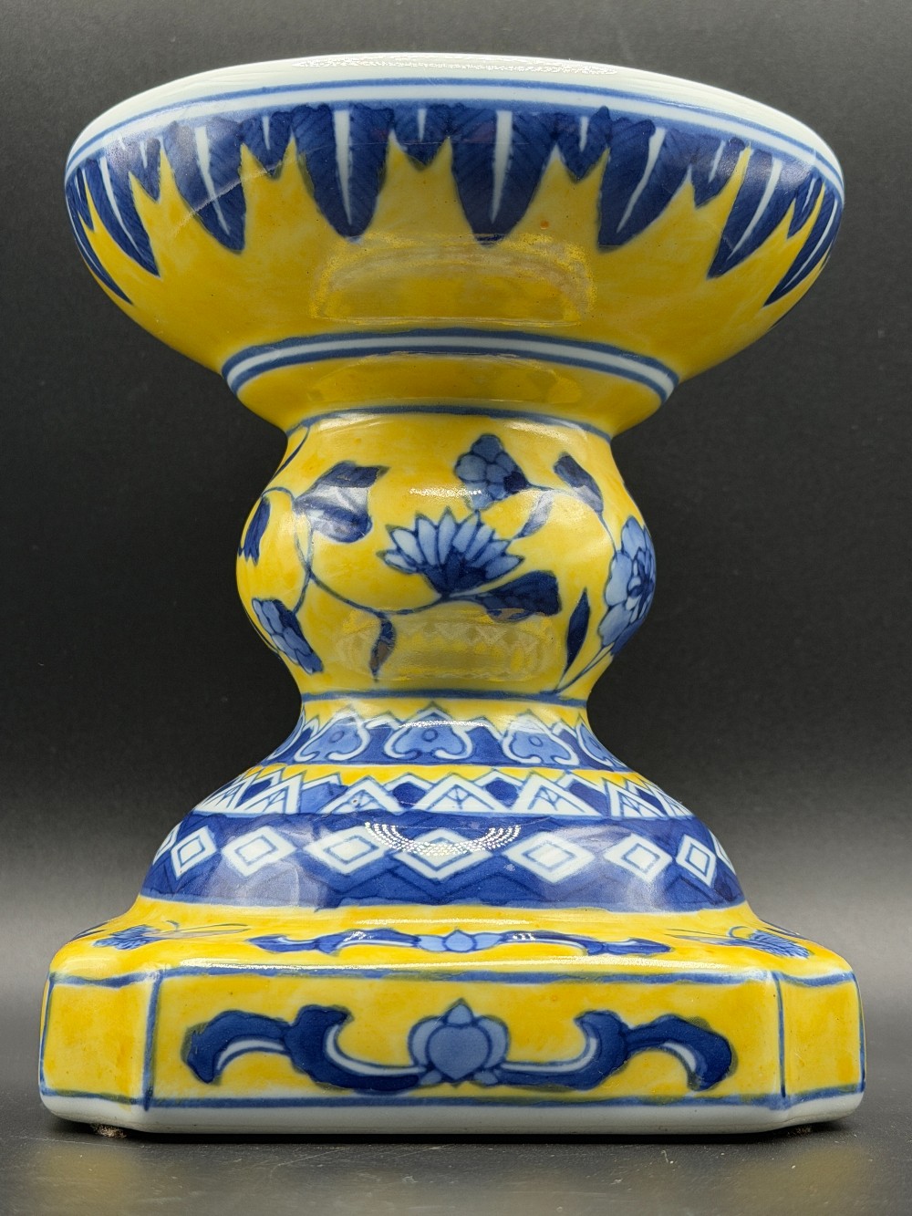 Vintage Chinese Yellow Ground Porcelain Pillar Candle Holder Chinoiserie Pedestal