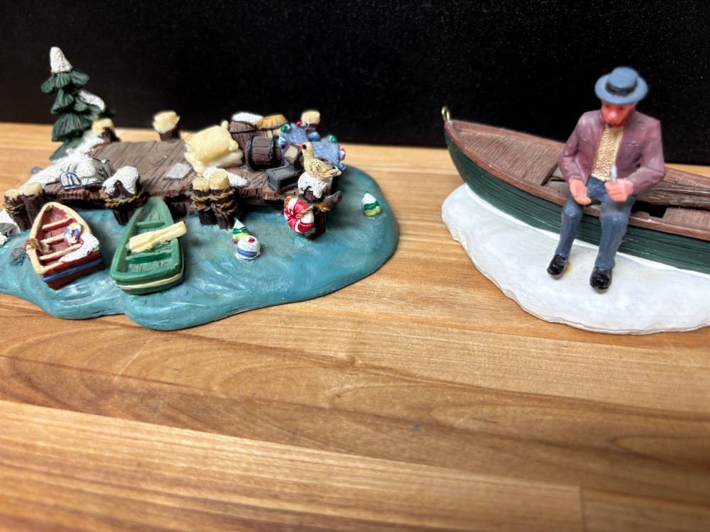 Christmas Village Winter Waterfront Dock Fishing & Boat Scenes 3 Piece Lot
