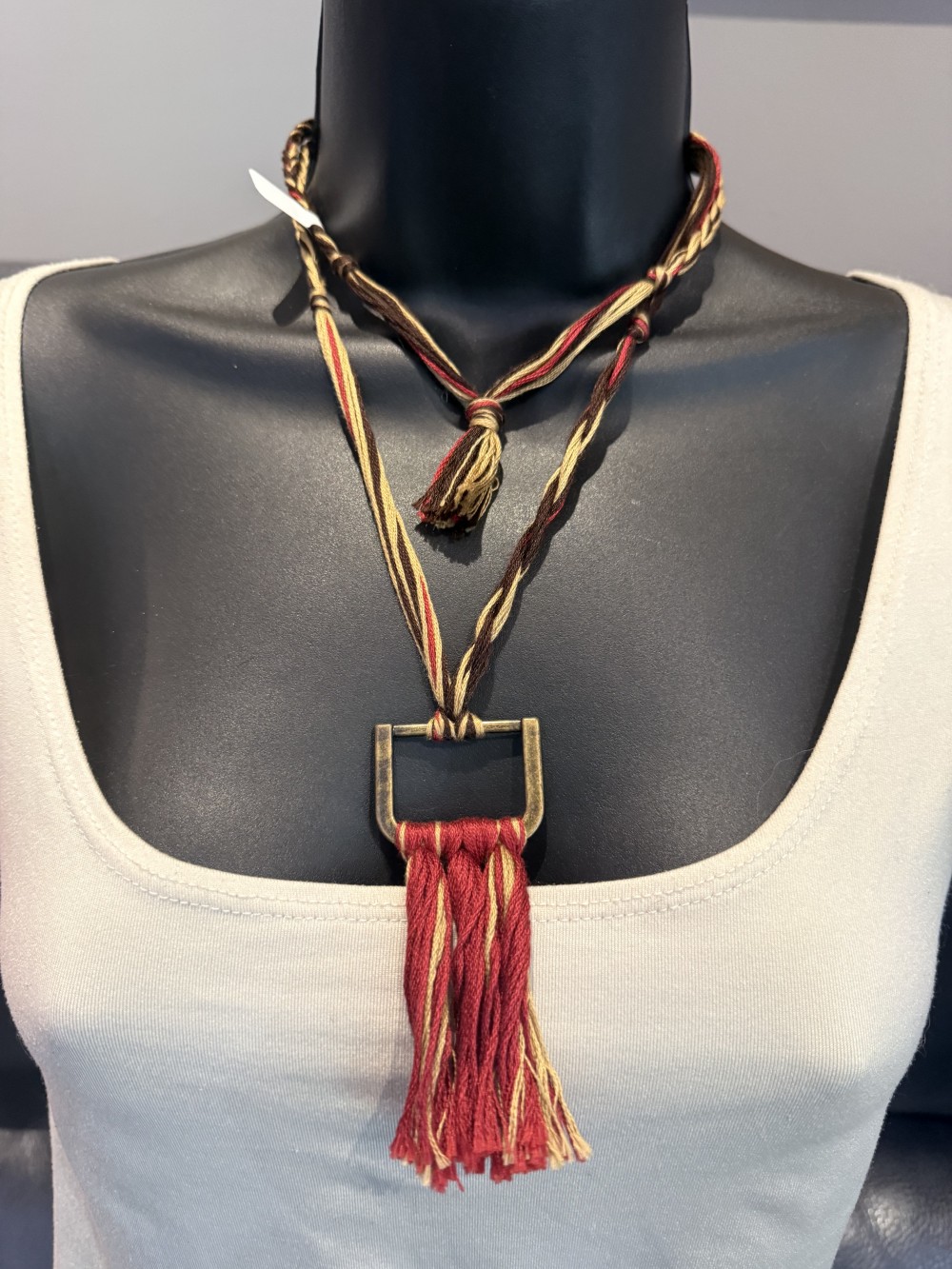 Necklace - Long Braided String Bronze Pendant