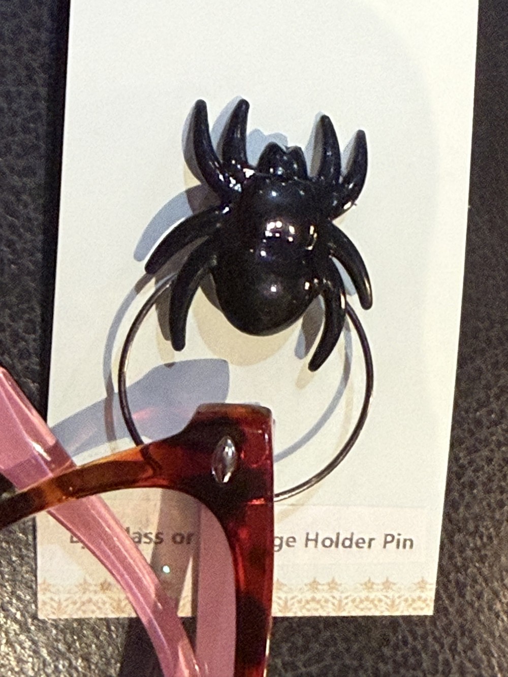 Eyeglass or ID Badge Holder Pin - Black Spider Round Loop