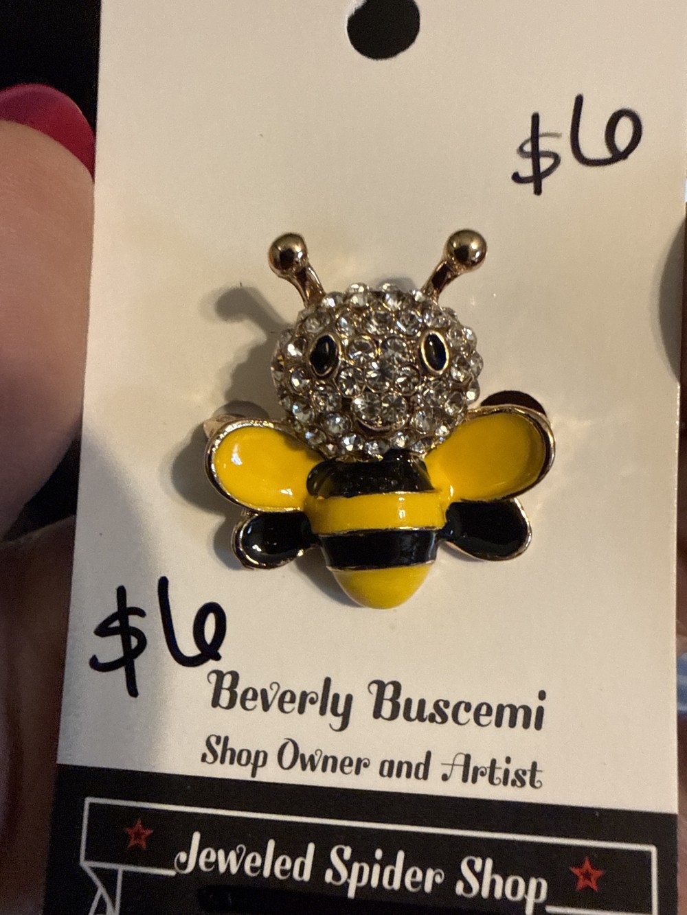 Brooch Pin - Bee Smiling Rhinestone Head Yellow Black Enamel