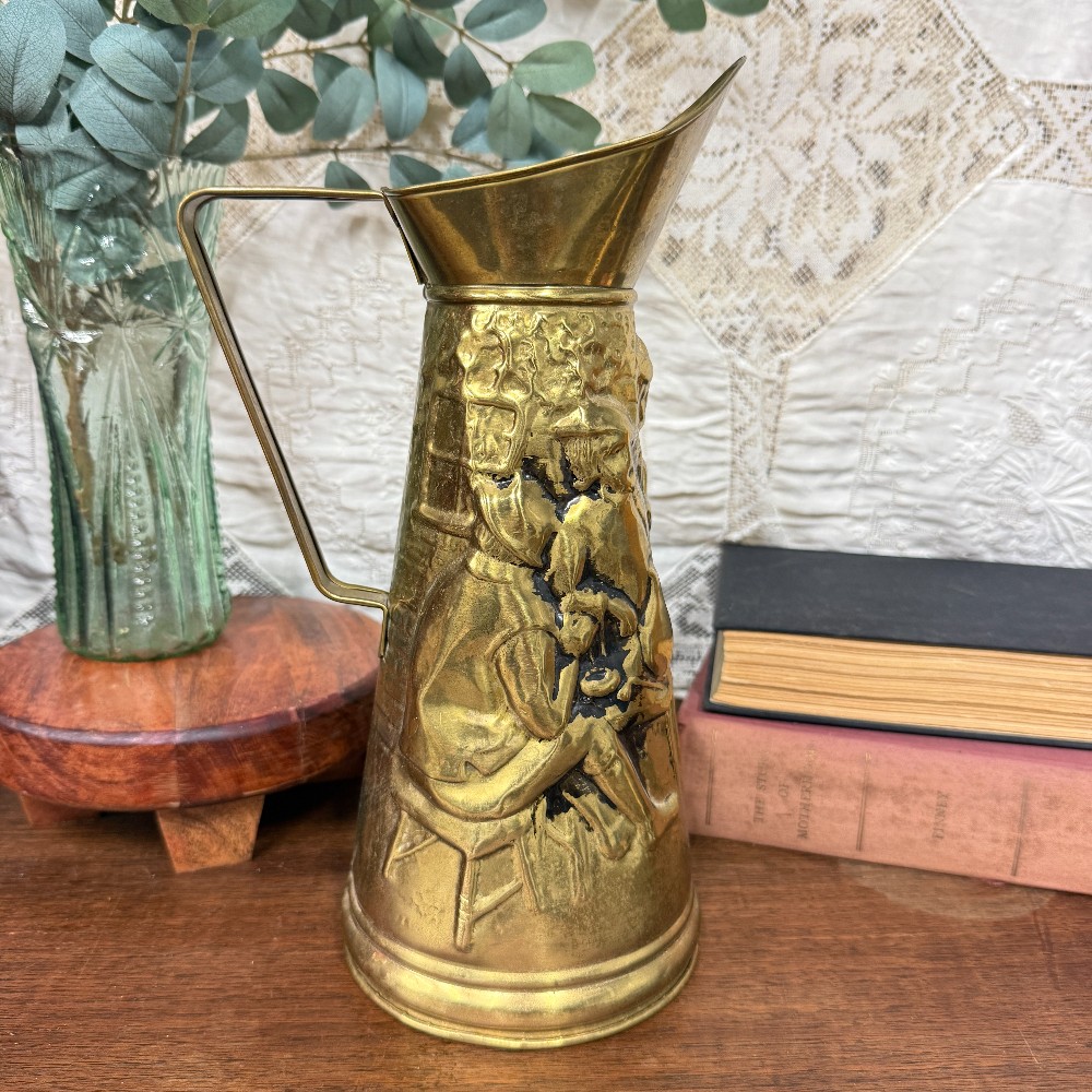 Vintage English Brass Repousse Tavern Scene Pitcher | Embossed Figural Jug | Made in England | Dark Academia Decor