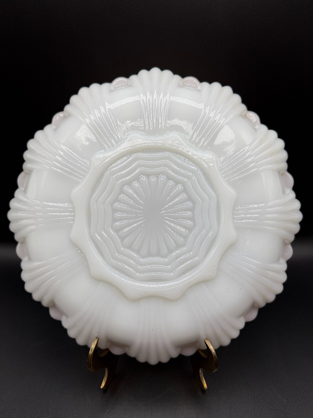 Vintage Fire-King Milk Glass Deviled Egg Plate Peach Lustre Rim 10 Inch Anchor Hocking