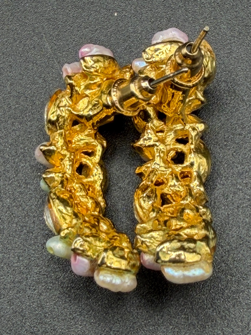 Vintage Clustered Faux Baroque Pearl & Marquise Rhinestone Statement C-Hoop Earrings – Gold Tone