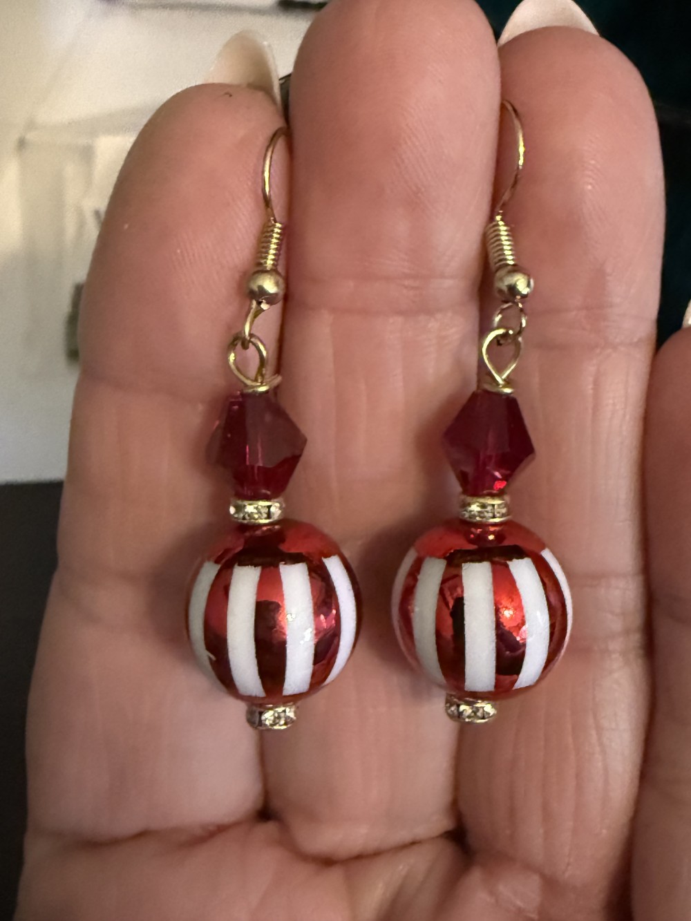 Earrings - Red & White Stripe Red Bead