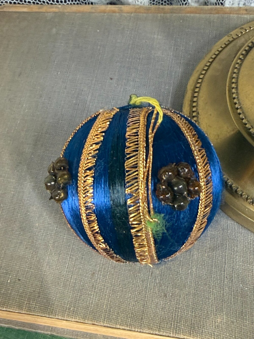 Blue Satin Thread Ball Ornament with Gold Trim and Beaded Clusters