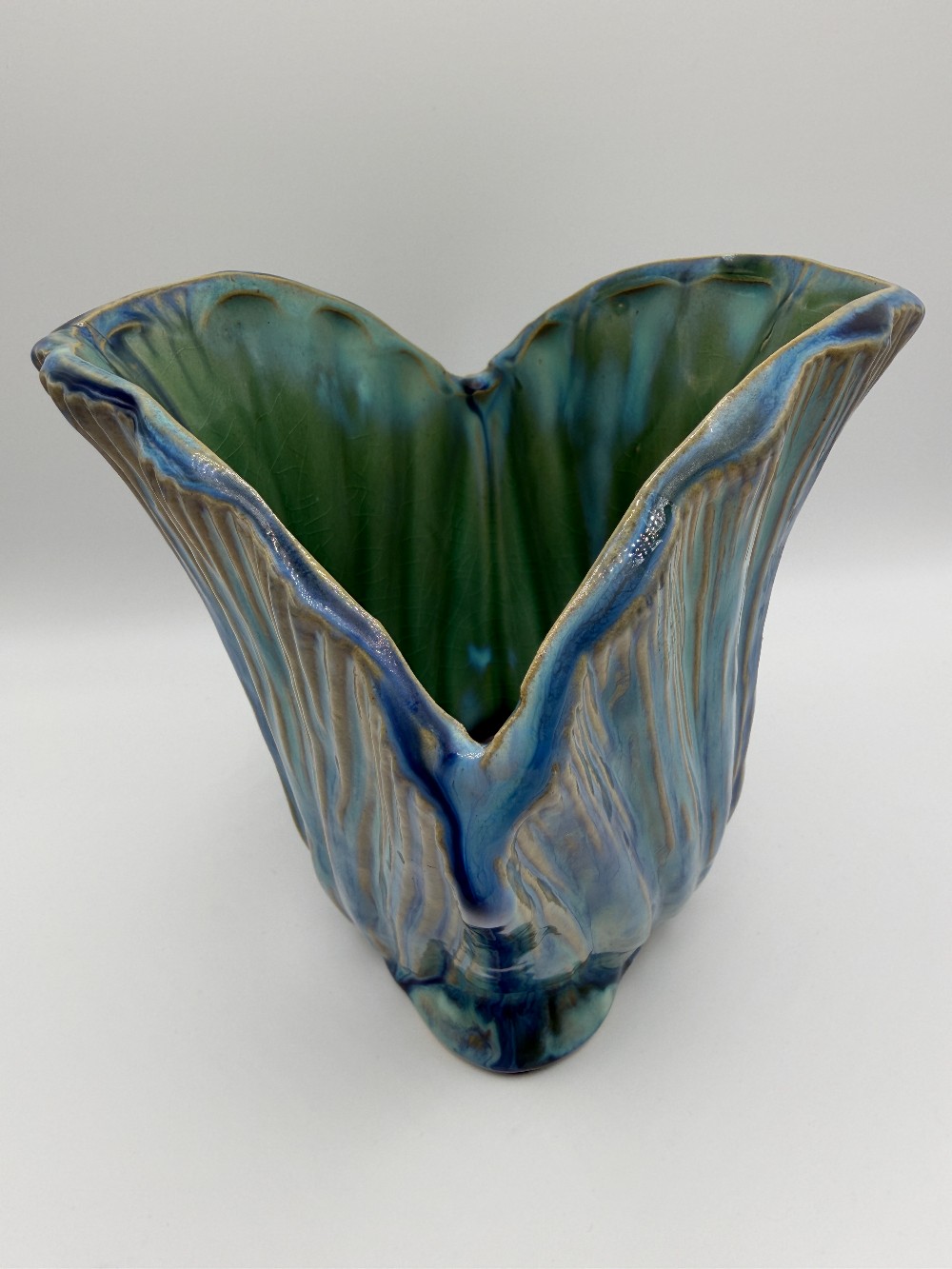 Pottery Blue & Green Drip Glaze Seashell Fan Planter Vase