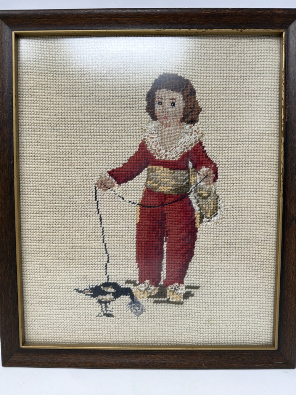 Vtg Boy w/Goose Framed Needlepoint