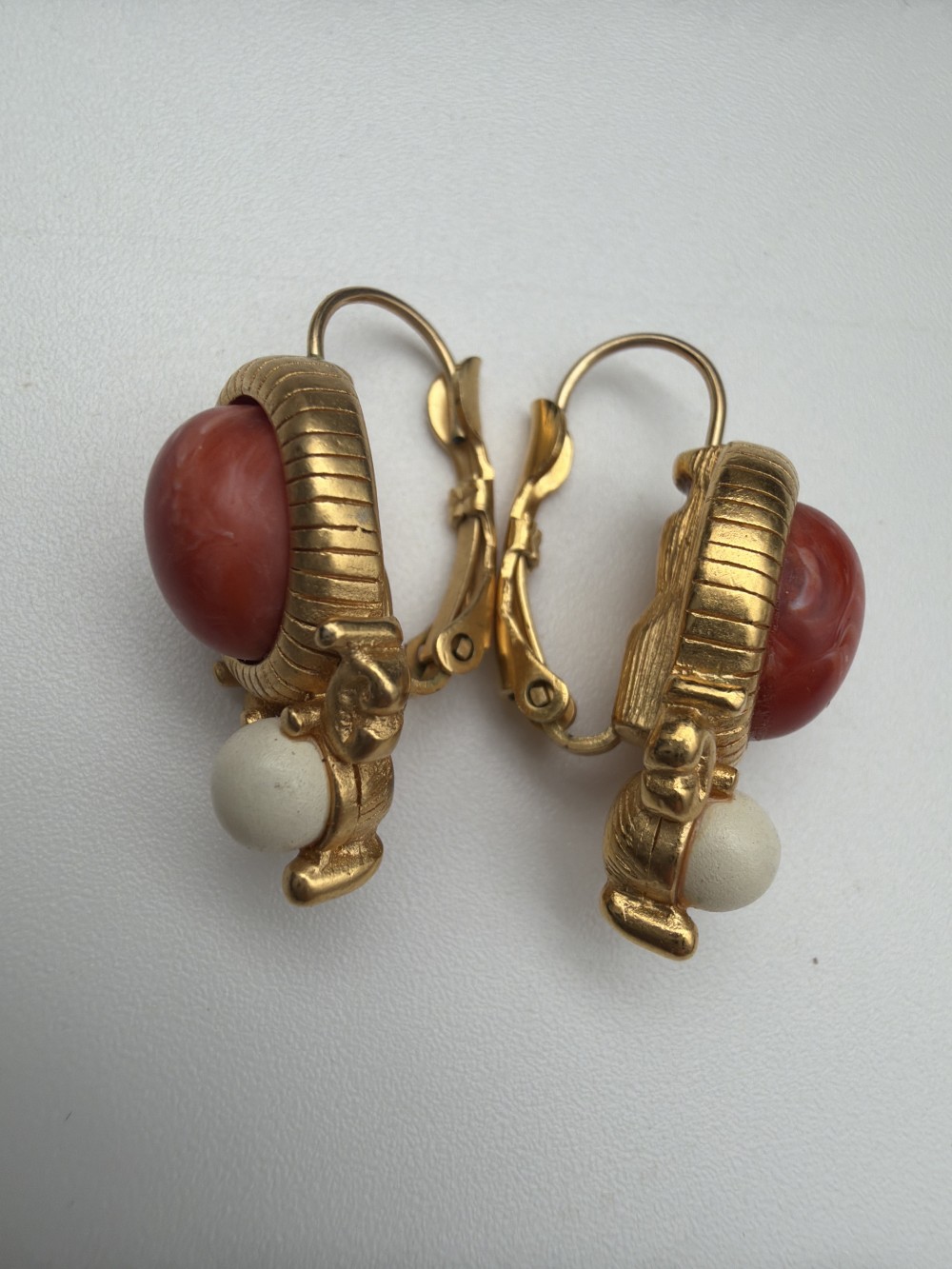 Vintage Monet Faux Coral & Ivory Gold Tone Pierced Earrings
