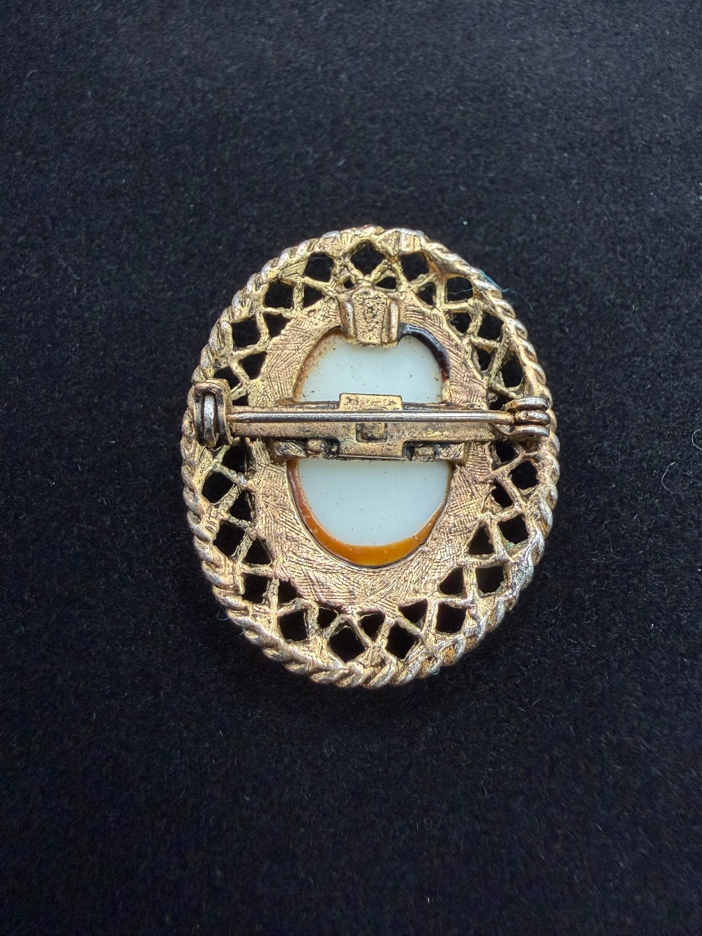 Vintage Victorian Revival Porcelain Portrait Brooch - 1.5 Inch Gold Tone Lattice Openwork Pin