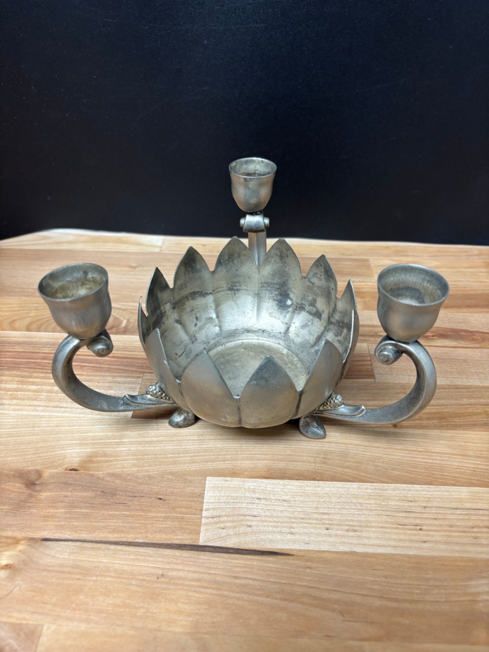 Candle Holder 3 Arm Lotus Flower Centerpiece Vintage Silverplate Hong Kong With Candle