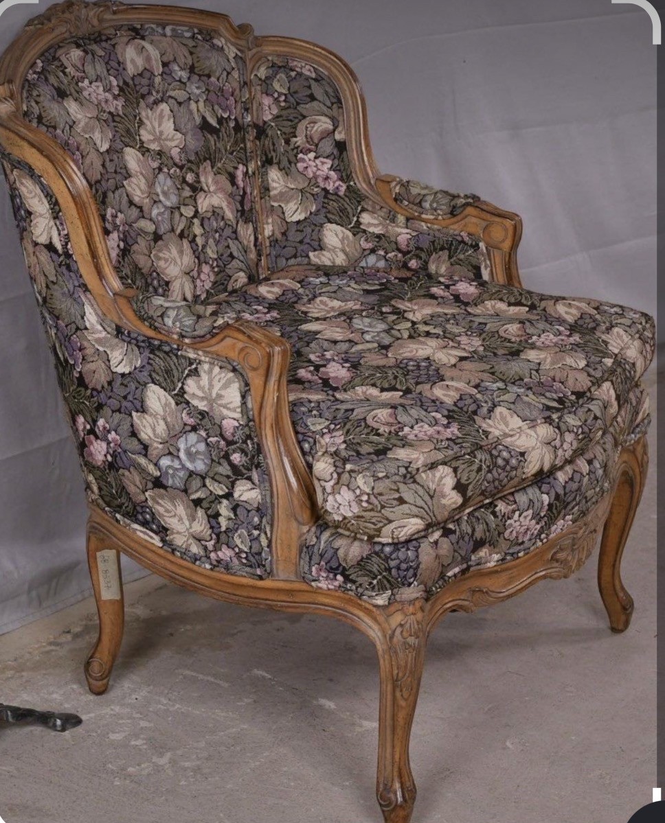 Carved French style armchair - floral fabric (good condition as is)