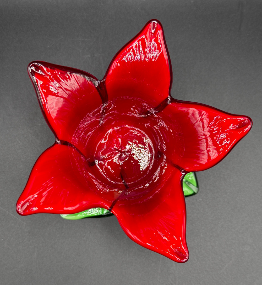 Vintage Hand-Blown Red Art Glass Tulip Votive Candle Holder – Green Leaf Base