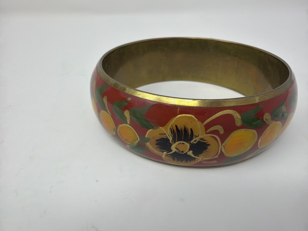 Vtg Brass Floral Enamel Bangle