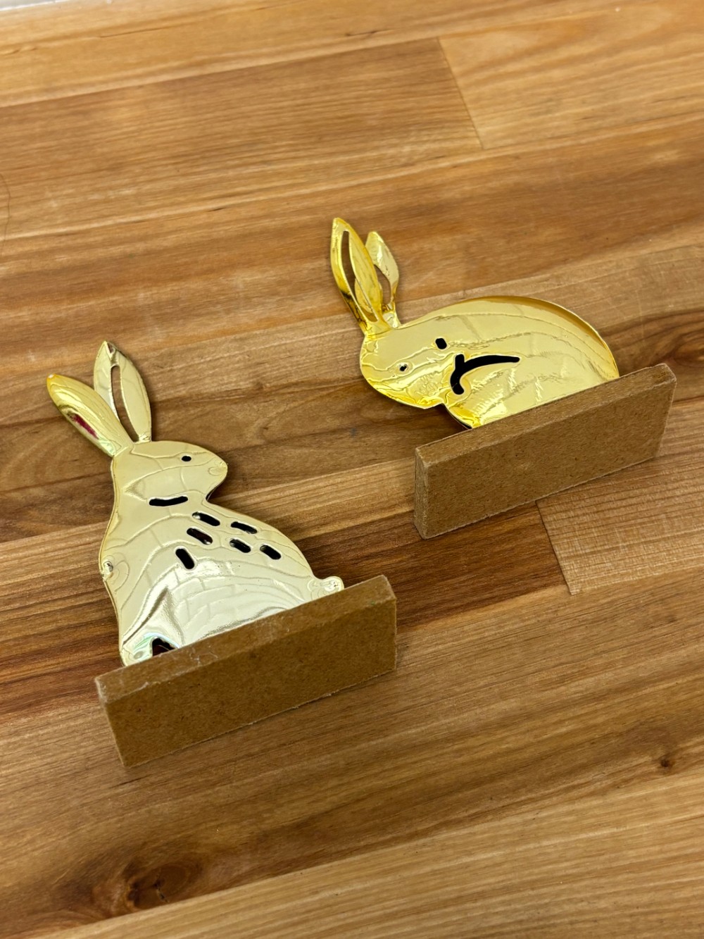 Gold Tone Metal Bunny Rabbit Figurines Pair on Wood Bases Farmhouse