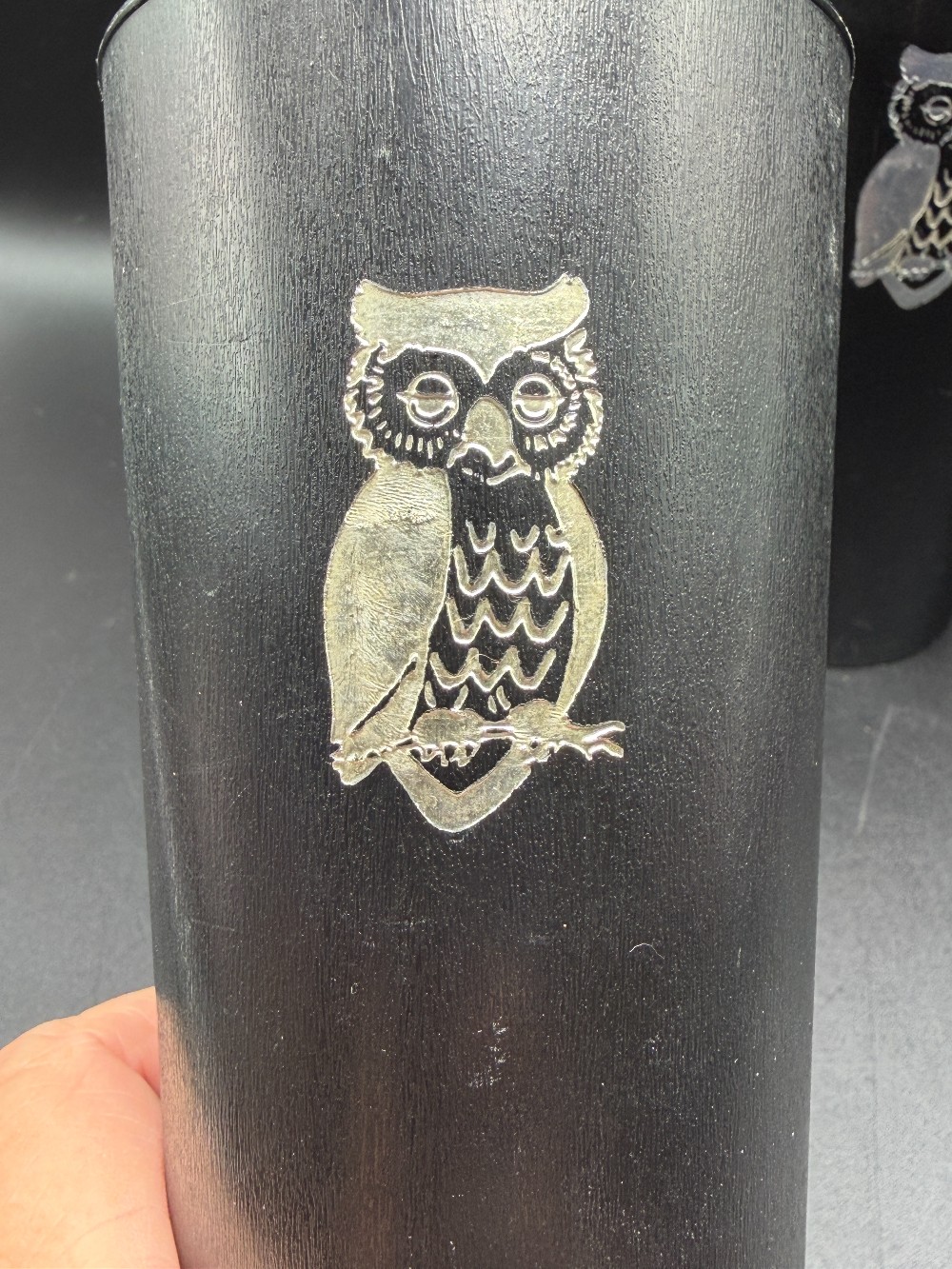 Vintage 1970s Nasco Black Plastic Owl Tumblers - Silver Foil Decal Wise Owl Cups - Set of 3 (Mold 1072)