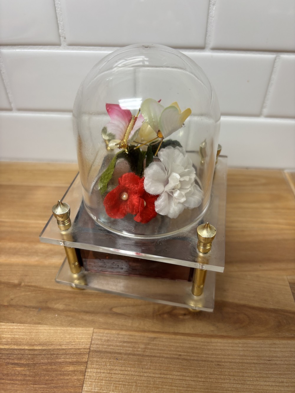 Music Box Vintage Floral Dome Acrylic Cloche WACO Japan Wind-Up 5”
