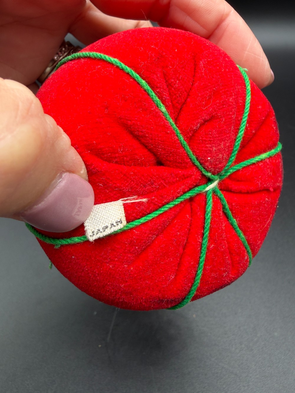 Vintage Mid-Century Velvet Tomato Pincushion - With Original Fabric Japan Tag