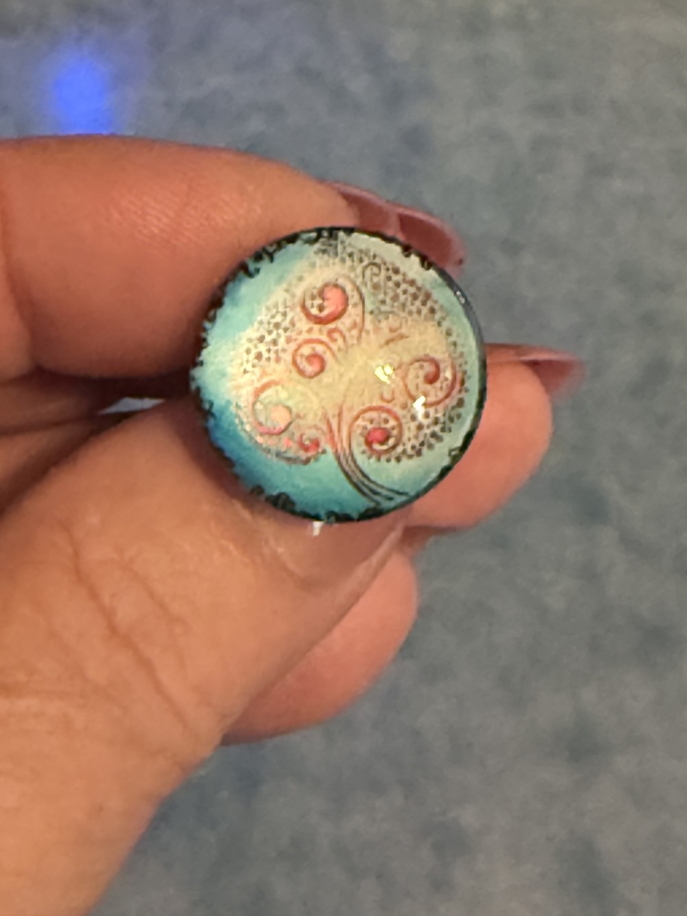 Adjustable Ring - Tree of Life Pink Swirls Spade Blue Background