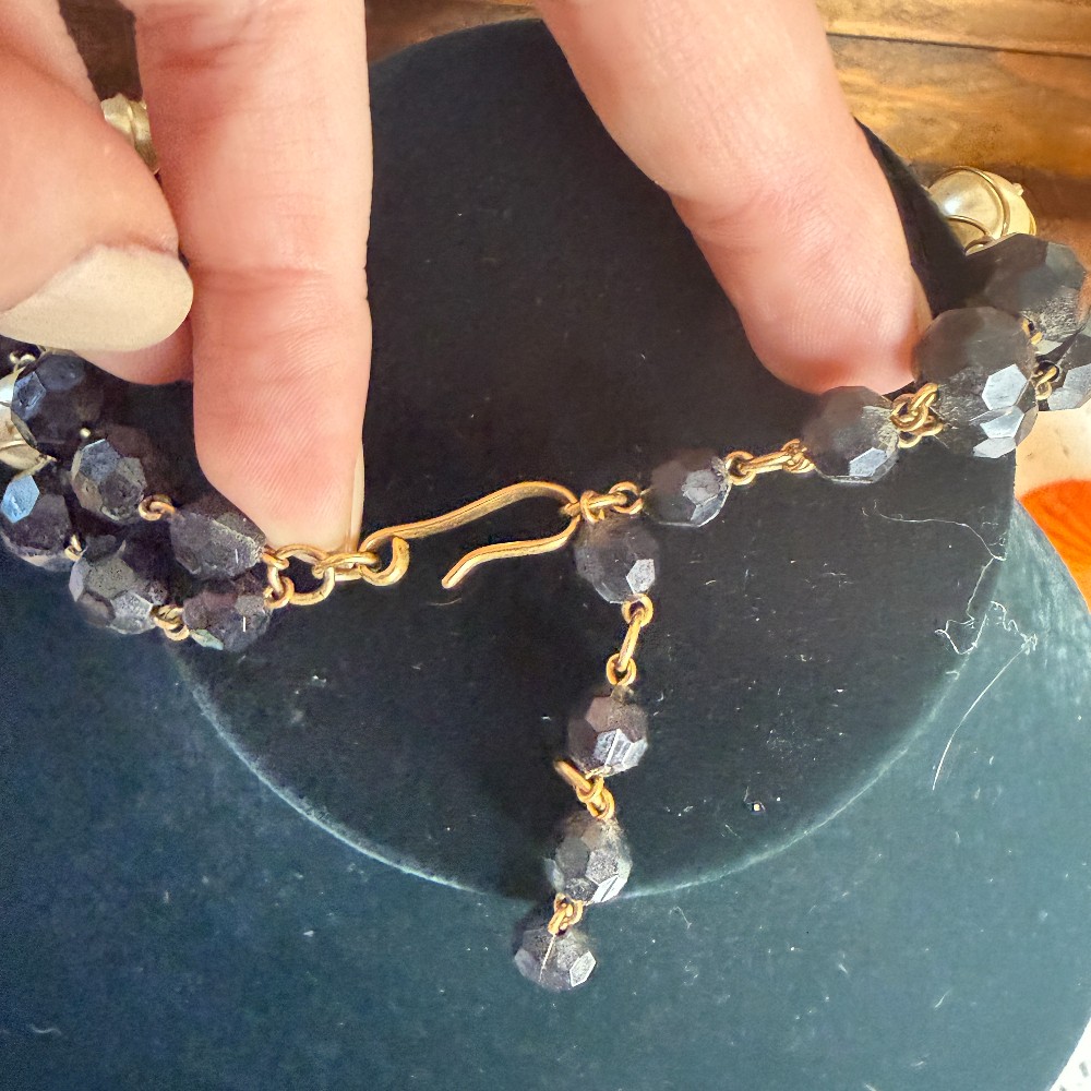 Vintage Black Glass And Caged Pearl Double Strand Necklace