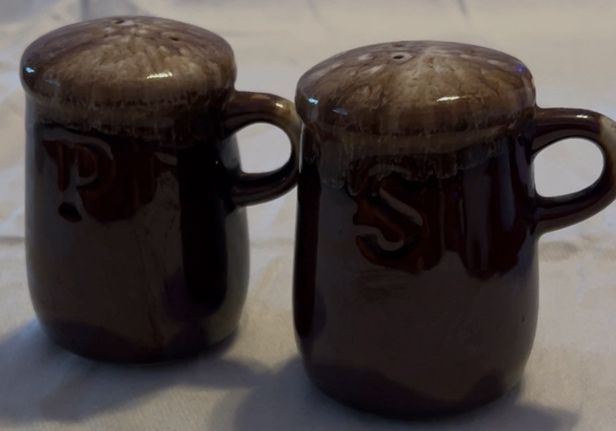 Vintage McCoy Pottery Brown Drip Glaze Salt & Set with corks - excellent condition - as is - see pics