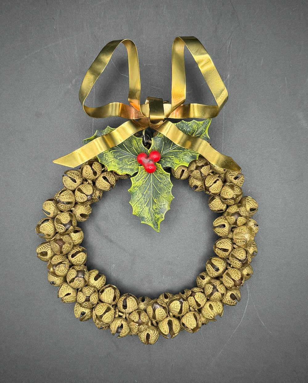 Vintage Petites Choses Brass Jingle Bell Wreath Ornament - Hand-Painted Holly & Bow