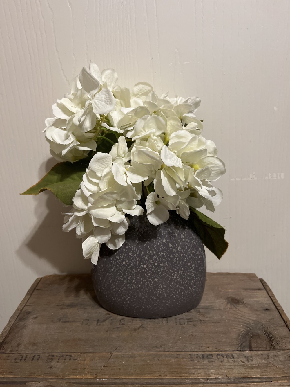 Hydrangeas in gray speckled vase