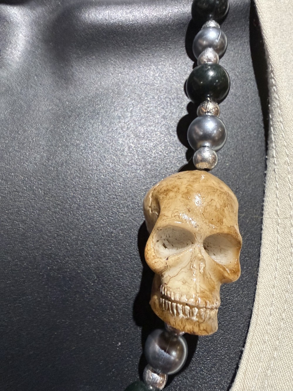 Necklace - Skulls Grey and Black Beads Long Necklace