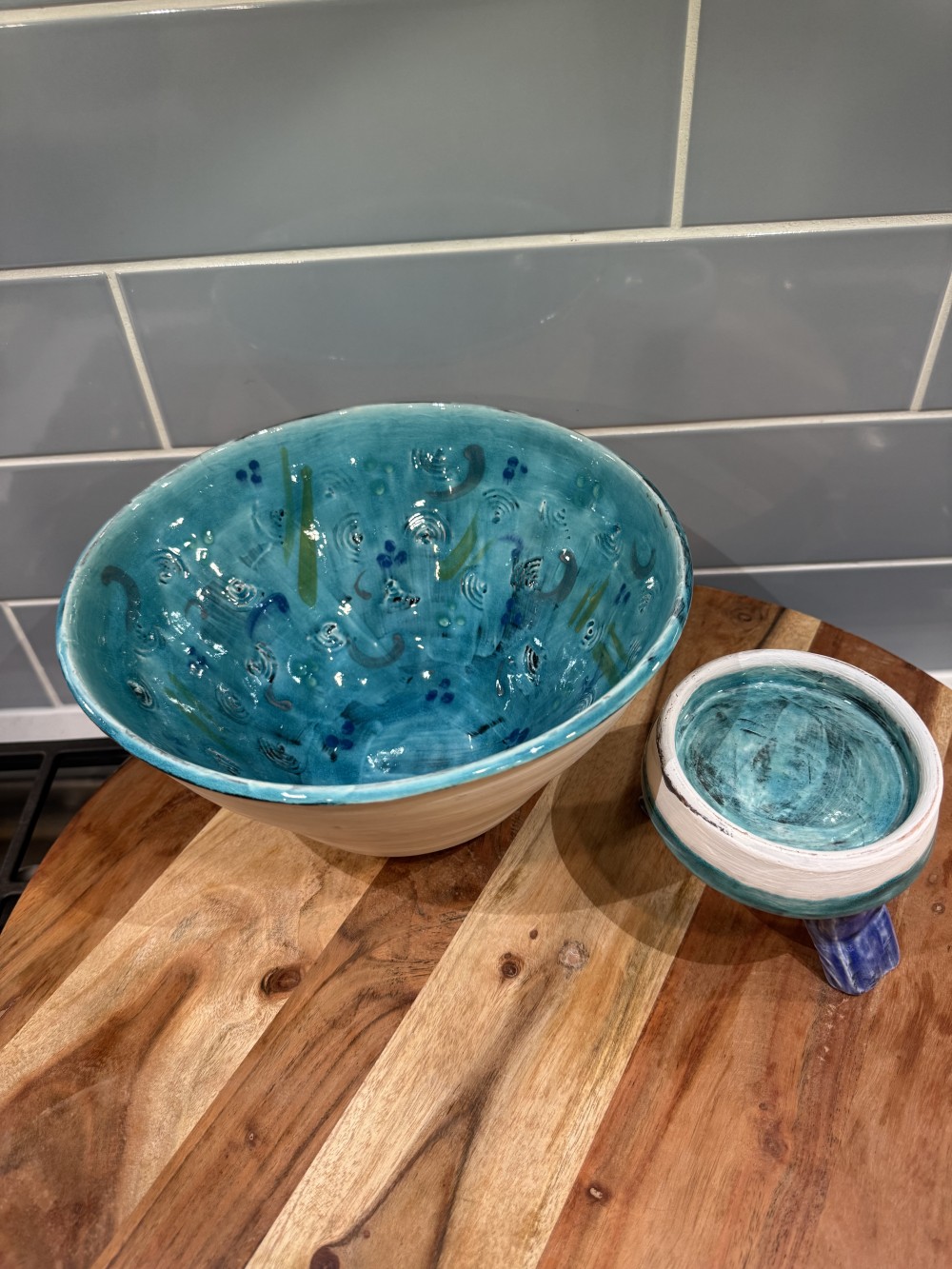 Studio Pottery Two-Piece Turquoise Centerpiece Bowl