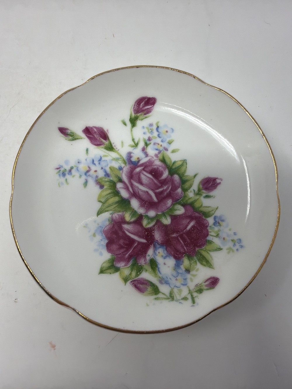 Vtg Bone China Butter Pat–Rose & Forget-Me-Not Bouquet