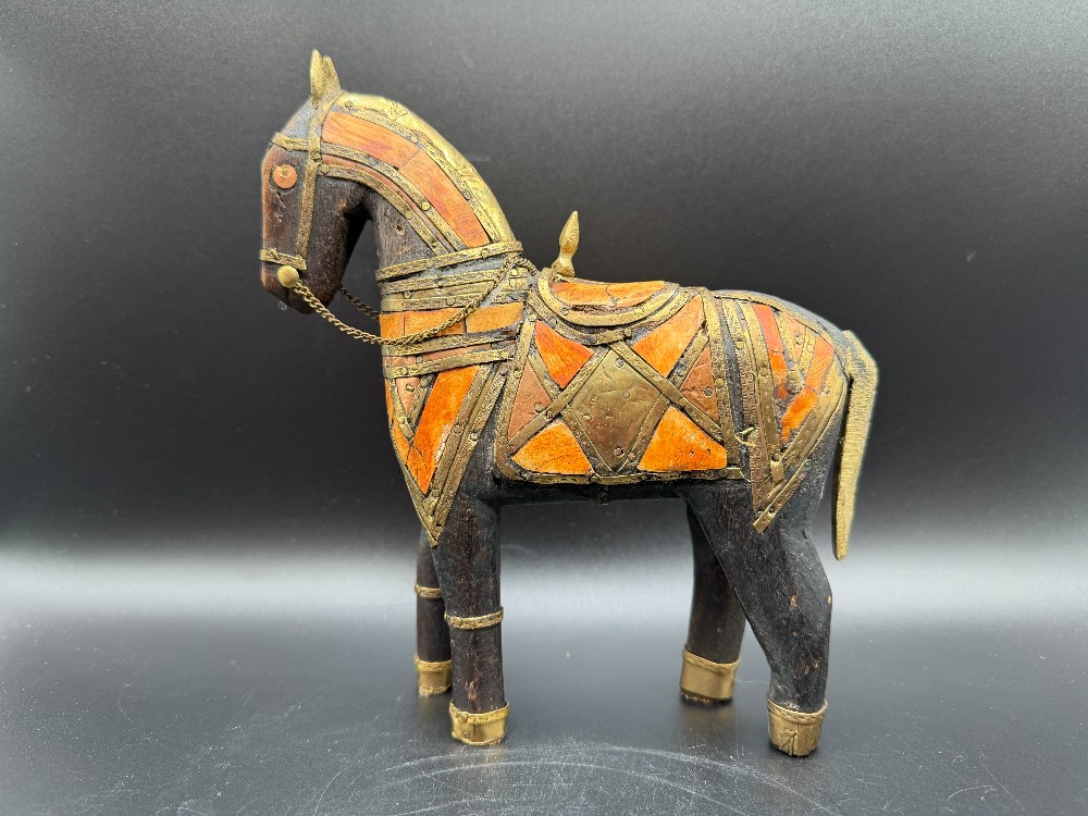 Vintage Indian Hand-Carved Wooden War Horse - Brass Armour & Bone Inlay Rajasthani Folk Art Sculpture